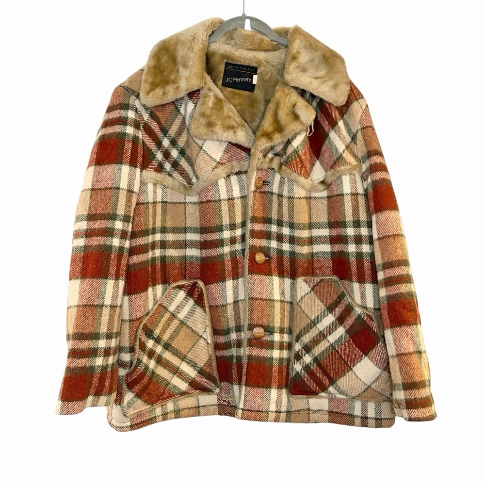 Vtg 60s 70s JCPenney Trench Pea Coat Plaid Tweed Faux Fur Pimp Retro Brown XL